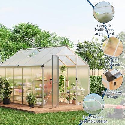Greenhouse, 6x10 Ft Outdoor Greenhouses, Greenhouse Kit, Portablee Greenhouses with Ground Nails and Vent Windows, Sliding Lockable Door, Polycarbonate Green House for Outside Garden Backyard, White