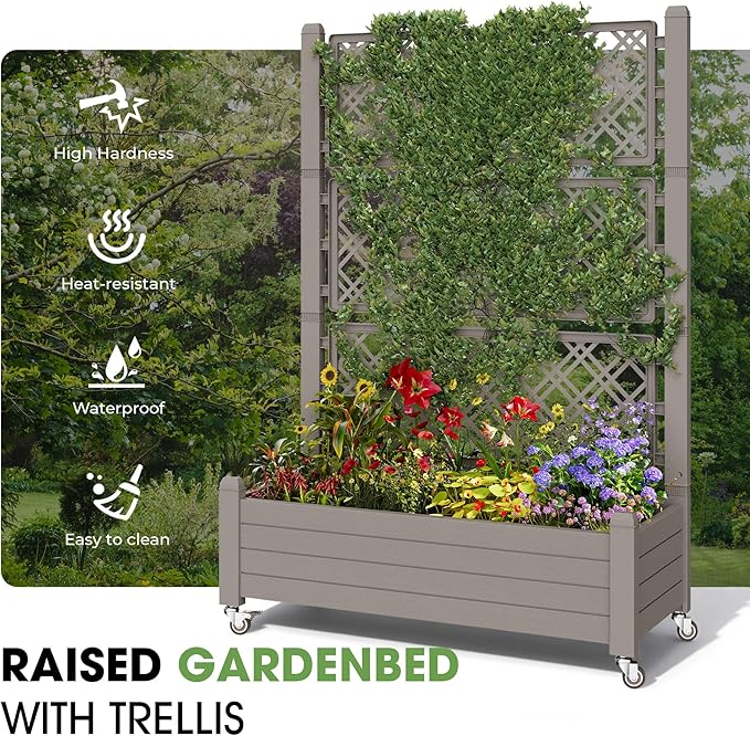 Fancyango Raised Garden Bed with Wheels 61.2" H -Gray | Resin Elevated Garden Planter Box with Trellis, Outdoor Planter Box for Veggies Herbs Patio Balcony Backyard
