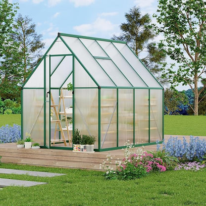 CABIHOME 6x7 FT Outdoor Greenhouse, Polycarbonate Greenhouse with Roof Vent and Ground Nails, Aluminum Large Walk-in Green House w/ Lockable Push Door for Outdoor Garden (Olive, 6x7 FT)