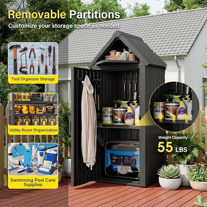 Bifanuo Deck Box Storage Shed Outdoor Storage Cabinet, Vertical Waterproof Resin Material Plastic Shed with Removable Shelves, 12 Hooks and Lock Ring for Garden, Pool and Patio (Classic Black)