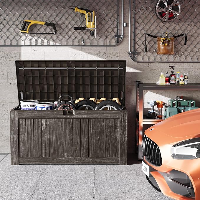 Greesum Outdoor Storage Box 120 Gallon Storage Bin with Lid for Patio Furniture, Garden Tools, Pool Supplies, Lockable, Waterproof and UV Resistant, Dark Brown