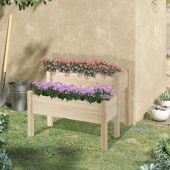 Outsunny 34"x34"x28" Raised Garden Bed, 2-Tier Elevated Wood Planter Box for Backyard, Patio to Grow Vegetables, Herbs, and Flowers, Natural