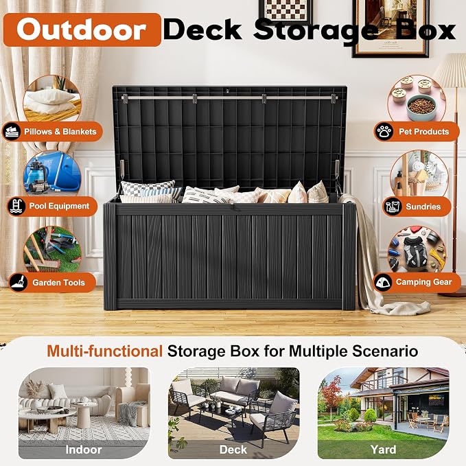 Outdoor Storage Deck Boxes Waterproof, Waterproof and UV Resistant Outdoor Storage Box Lockable Lid for Delivery Box, Indoor, Garden Tools, Pool Supplies, Patio (Black, 120 Gallon)