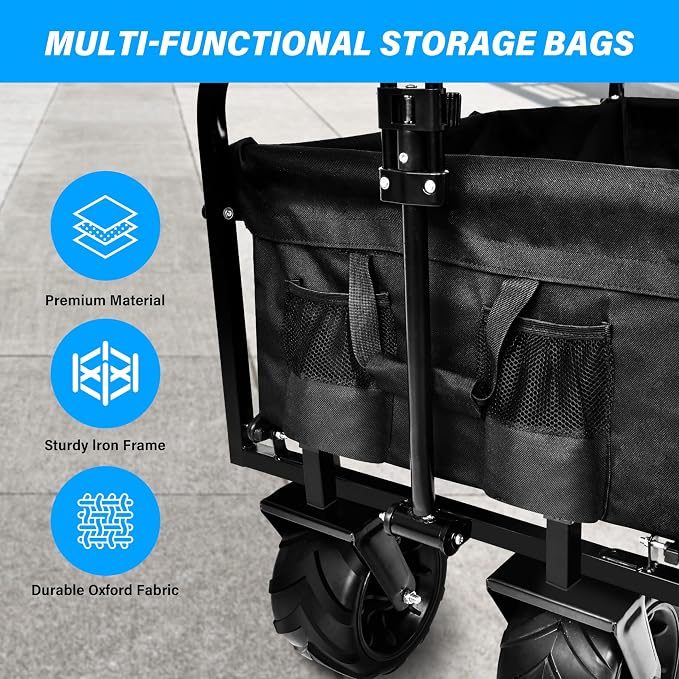 YSSOA Collapsible Folding Wagon, Beach Wagon with Big Wheels, Heavy Duty Foldable Utility Cart, Portable Garden Cart with Adjustable Handle, Foldable Grocery Cart for Camping Sports