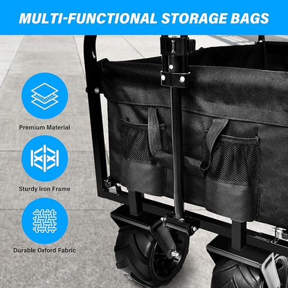 YSSOA Collapsible Folding Wagon, Beach Wagon with Big Wheels, Heavy Duty Foldable Utility Cart, Portable Garden Cart with Adjustable Handle, Foldable Grocery Cart for Camping Sports