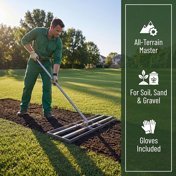 Lawn Leveling Rake - 35 x 10 Large Rake for Soil, Heavy Duty Yard Leveling Rake, 6.5FT Long Handle, 2mm Thickened Stainless Steel Lawn Leveler, Wide Ground Leveling Tool for Dirt and Sand, with Gloves
