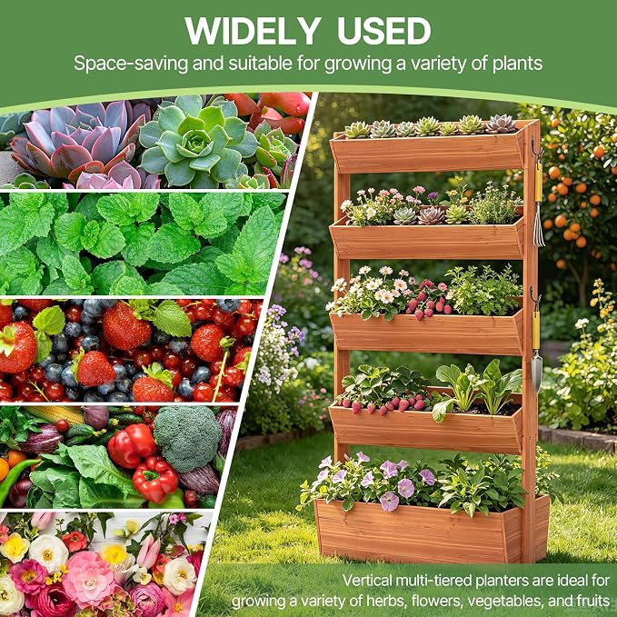 Suteck Vertical Wooden Raised Garden Bed, 5 Tier Garden Planters Freestanding Plant Stand Flower Rack Wooden Planter Box for Plants Flowers Herbs Vegetables Indoor Outdoor Gardening