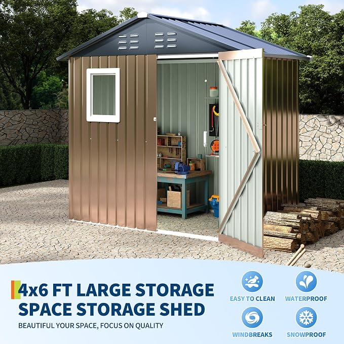 6x4 FT Outdoor Metal Storage Shed with Window – Lockable Doors & Air Vents, Large Garden Tool Shed for Backyard, Patio, Lawn