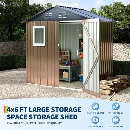 6x4 FT Outdoor Metal Storage Shed with Window – Lockable Doors & Air Vents, Large Garden Tool Shed for Backyard, Patio, Lawn