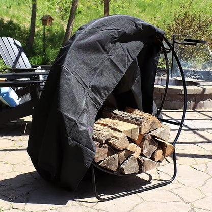Sunnydaze 40-Inch Firewood Rack with Cover - Black Indoor Firewood Holder - Log Holder Hoop and Cover Set - 500-lb Capacity
