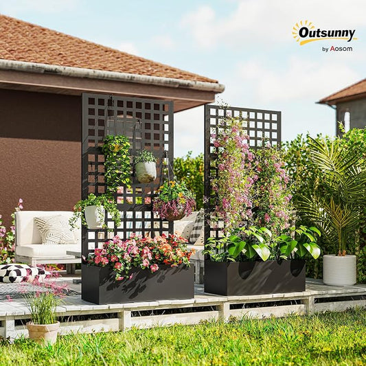 Outsunny Galvanized Raised Garden Bed with Trellis, Metal Planter Box with Drainage Holes, Outdoor Privacy Screen for Climbing Plants, Vegetable, Vines, 35" x 16" x 70", 2 Pack, Black