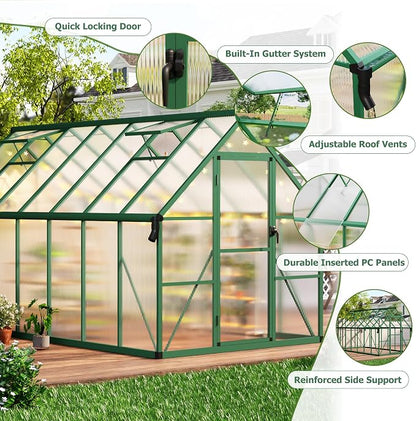 CABIHOME 8x12 FT Outdoor Greenhouse, Polycarbonate Greenhouse with Roof Vent and Ground Nails, Aluminum Large Walk-in Green House w/ Lockable Push Door for Outdoor Garden (Green, 8x14 FT)
