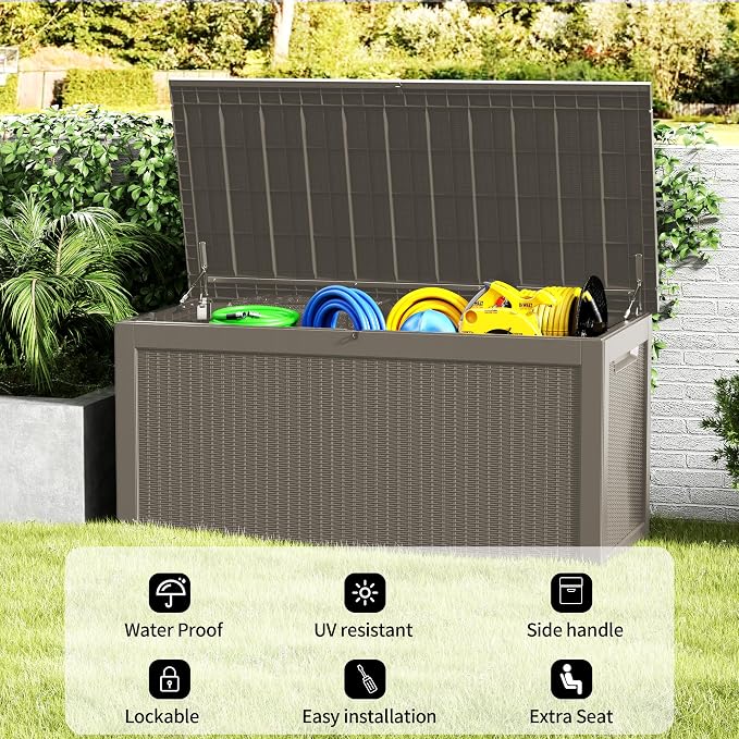 320 Gallon Outdoor Storage Box Waterproof, Lockable Resin Deck Box Large Storage Bin for Patio Furniture Cushion, Garden Tools, Pool Accessories, UV-Resistant Outside, Gray