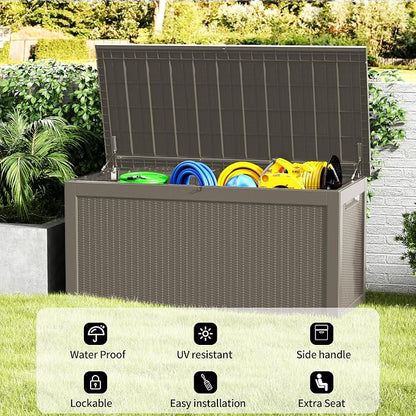 320 Gallon Outdoor Storage Box Waterproof, Lockable Resin Deck Box Large Storage Bin for Patio Furniture Cushion, Garden Tools, Pool Accessories, UV-Resistant Outside, Gray
