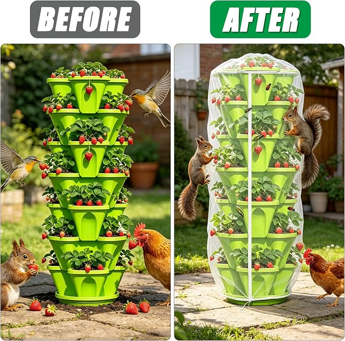 2 Pcs Vertical Plant Pot Insect Netting with Zipper, 59 x 32.4 Inch Garden Netting 7 Tier Stackable Strawberry Planter Cover Bird Barrier Protection Mesh for Tomato Flower Strawberry