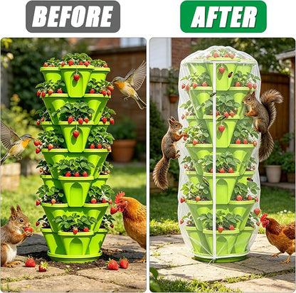 2 Pcs Vertical Plant Pot Insect Netting with Zipper, 59 x 32.4 Inch Garden Netting 7 Tier Stackable Strawberry Planter Cover Bird Barrier Protection Mesh for Tomato Flower Strawberry