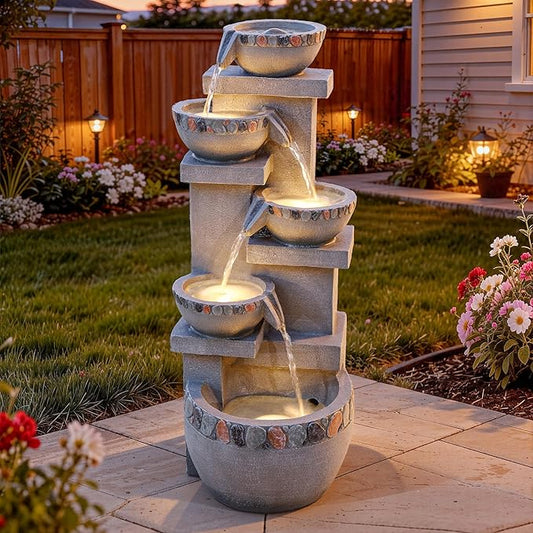 33" H 4-Tier Pebble Textured Fountain Outdoor with Warm LED Lights | Modern Water Feature Outdoor with Soothing Cascading Waterfall for Patio, Backyard, Garden or Porch