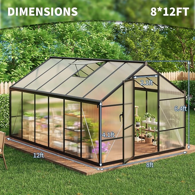 8x12 ft Walk-in Greenhouse, Polycarbonate Panels with Reinforced Aluminum Frame, Large Garden Green House for Planting and Seed Starting, Quick-Assembly Structure with Adjustable Roof Vent