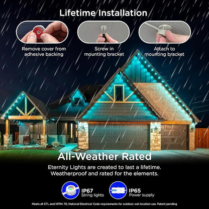 Enbrighten Eternity Permanent Outdoor Lights, 100ft with 72 RGBWIC LED Lights, App‑Controlled, Cuttable, Christmas, Accent & Year‑Round Eave Lighting, Works with Alexa & Google Home, 81103