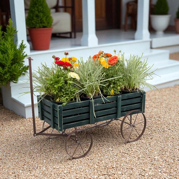 Shine Company Decorative Buckboard Wagon Garden Planter, Wooden Wagon Yard Décor for Outdoor Plants, Green