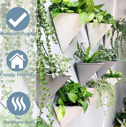 LaLaGreen Wall Planter (12in, 4 Pack) Large Indoor Self Watering Flower Pot | White and Gray Mixed Color Geometric Vertical Garden Plant Wall Hanging Vase Vessel with Black Metal Hanger Modern Stylish