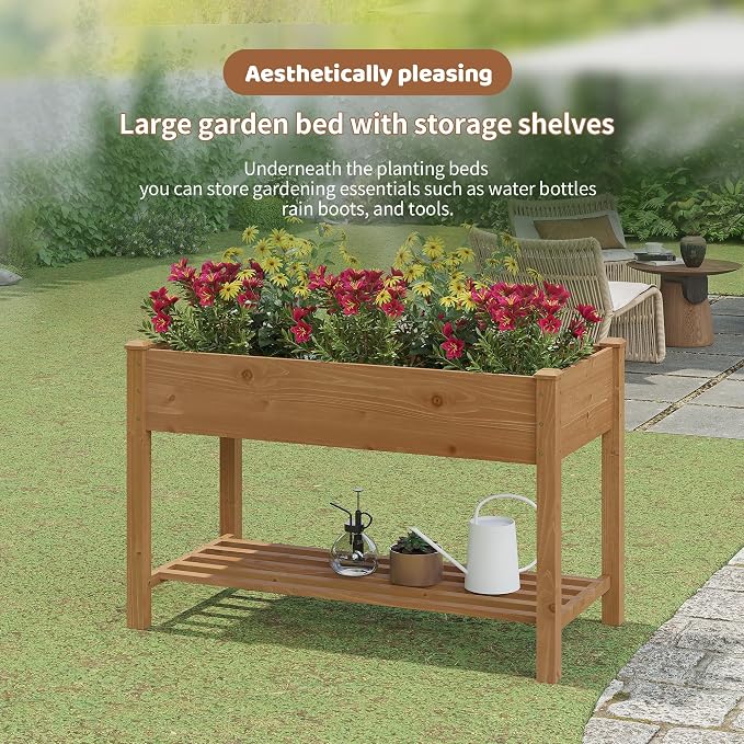 Raised Garden Bed with Legs Elevated Wooden Planter Box Stand Large Planter Stand Box for Fruits Vegetables Flowers with Divider with Bag - 48 * 24 * 30.5IN（Brown）