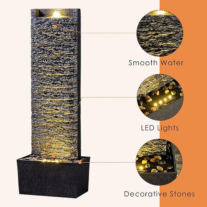 Water Fountain Outdoor, Floor Standing LED Illuminated Water Flow Elegant Water Fountain Pump 38.5" with Pebble Base for Garden, Patio and Yard (24372)