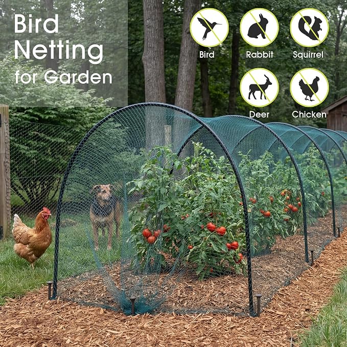 Bird Netting for Garden Protection, 7.5 x 100 FT Heavy Duty Garden Netting with Ties and Landscape Staples for Vegetable, Fruit Trees & Other Plants Against Birds Deer Squirrels and Poultry
