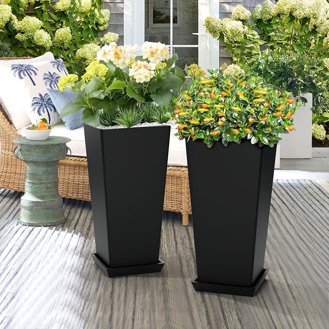 TUYOHW 24-Inch Tall Planters for Outdoor Plants, Set of 2, Black | Square tapered plastic planters with drainage trays for front porch, patio, entryway, backyard, or indoor plants