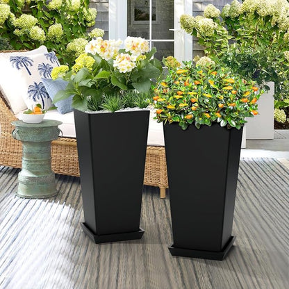 TUYOHW 24-Inch Tall Planters for Outdoor Plants, Set of 2, Black | Square tapered plastic planters with drainage trays for front porch, patio, entryway, backyard, or indoor plants