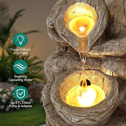 23" H Tiki Statue Outdoor Water Fountain with LED Lights | 2-Tier Tropical Artistic Water Feature with Soothing Cascading Waterfall for Relaxing Meditative Patio Backyard or Porch