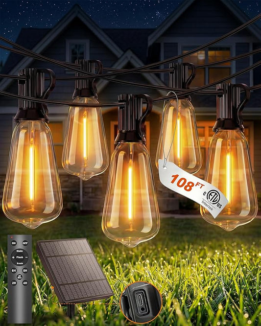 108FT (48+2) Outdoor String Lights Solar Powered, ST38 Dimmable Patio Lights with Remote & USB Charging, Dusk to Dawn, 2700K LED String Solar Light for Backyard, Garden, Porch, Wedding Decor