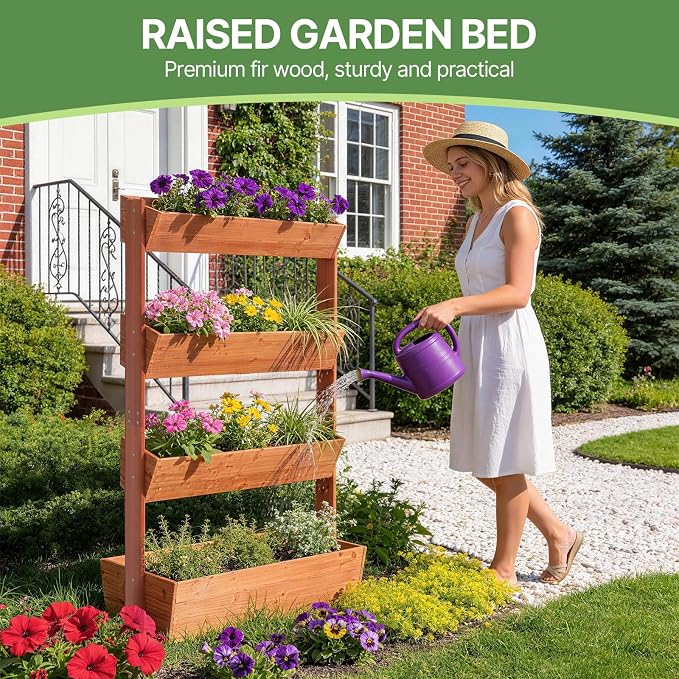 Suteck Raised Garden Bed, Vertical Wooden Raised Garden Bed, 4 Tier Garden Planters Freestanding Plant Stand Flower Rack Wooden Planter Box For Plants Flowers Herbs Vegetables Indoor Outdoor Gardening