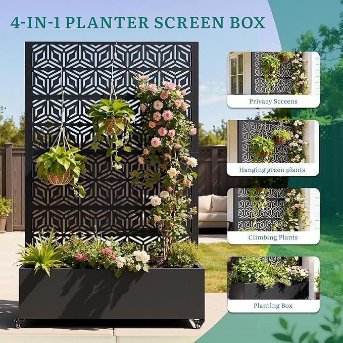 Metal Planter Box with Trellis, Galvanized Steel Raised Garden Bed with Privacy Screen, Lockable Casters, 73"x47"x16" Planter with Drainage Holes for Outdoor Climbing Plants, Vegetables, Patio