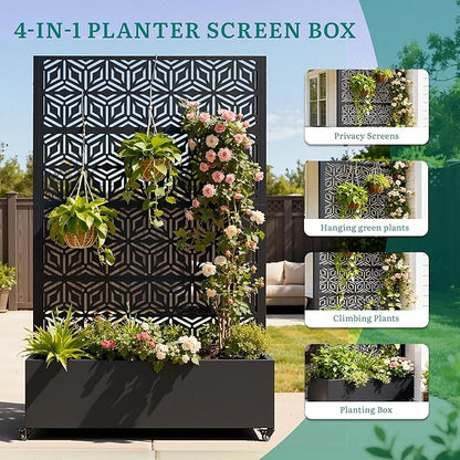 Metal Planter Box with Trellis, Galvanized Steel Raised Garden Bed with Privacy Screen, Lockable Casters, 73"x47"x16" Planter with Drainage Holes for Outdoor Climbing Plants, Vegetables, Patio
