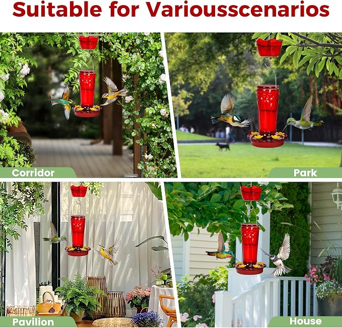 Hummingbird Feeder-14 Ounces，5 Feeding Ports Glass Hummingbird feeders for Outdoors,Wide Mouth for Easy Filling/Cleaning，Hanging for Garden Backyard Decor, Includes Ant Moat (Red，1Pack)