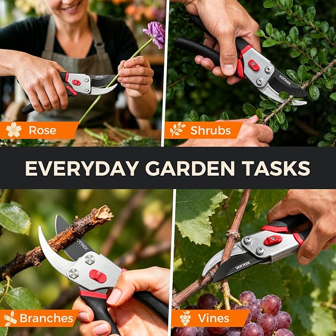VOTREK® 8.5” Pruning Shears, Professional Garden Pruner with Jam-Proof Spring & Ever-Sharp SK5 Blade, Ergonomic Bypass Clippers for Rose, Tree Trimming, Heavy Duty Bonsai Scissor for Weak Hand