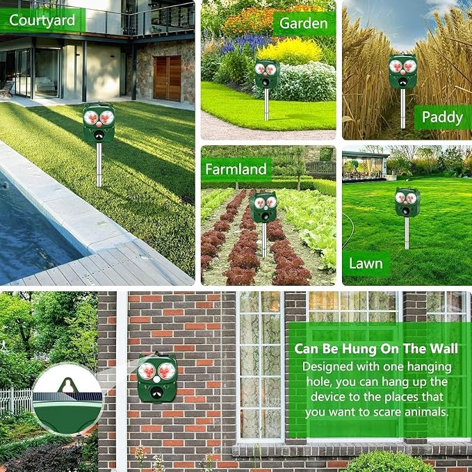 Solar Animal Repeller, Ultrasonic Repellent, Motion Detection, LED Flashing Light, Dog, Cat Repellent, Squirrel, Raccoon, Skunk, Rabbit, Rodent, Fox, Deer, etc.