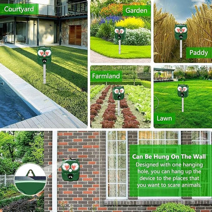 Solar Animal Repeller, Ultrasonic Repellent, Motion Detection, LED Flashing Light, Dog, Cat Repellent, Squirrel, Raccoon, Skunk, Rabbit, Rodent, Fox, Deer, etc.