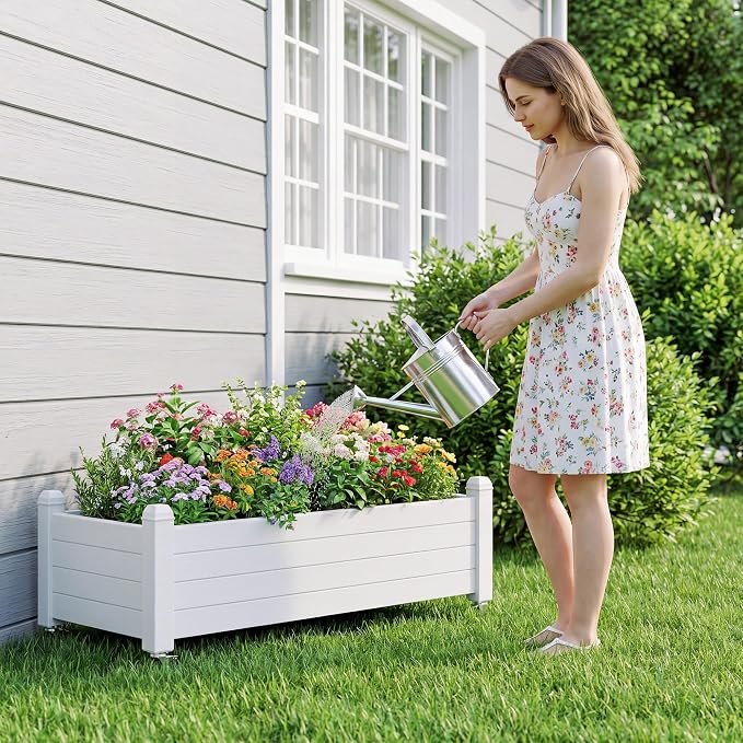 Fancyango Raised Garden Bed with Wheels 13.3" Hx2 -Ashen | Resin Elevated Garden Planter Box with Drainage, Outdoor Planter Box for Veggies Herbs Patio Balcony Backyard