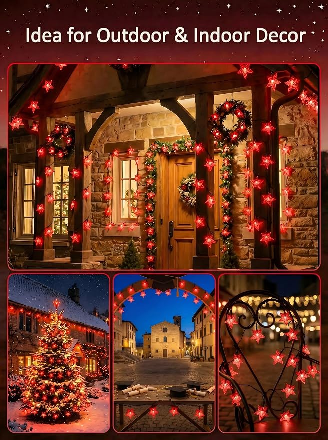 Solar Twinkle Star String Lights Outdoor Waterproof 39FT/100L Fairy Lights | 8 Modes Christmas Decor Camping Tree Party Yard Wedding Garden Red
