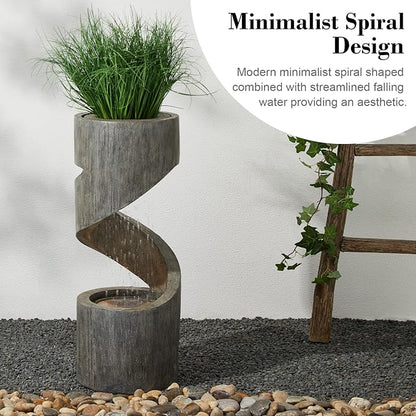 Glitzhome Outdoor Water Fountain with LED Light, Spiral Outdoor Fountain Waterfall with Stone Planter, Modern Curved Freestanding Fountain Water Feature for Garden Patio Backyard, 31.3" H