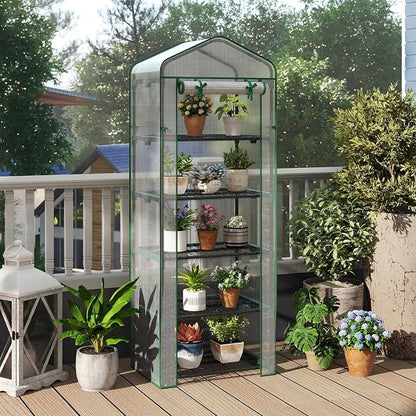 Giantex Mini Greenhouse Indoor Outdoor, 27" x 19" x 75" Portable Plant Grow House with 5 Tier Shelves, PE Cover, Roll-Up Zipper Door, Rustproof Elector-Coating Metal Frame for Patio Balcony Garden
