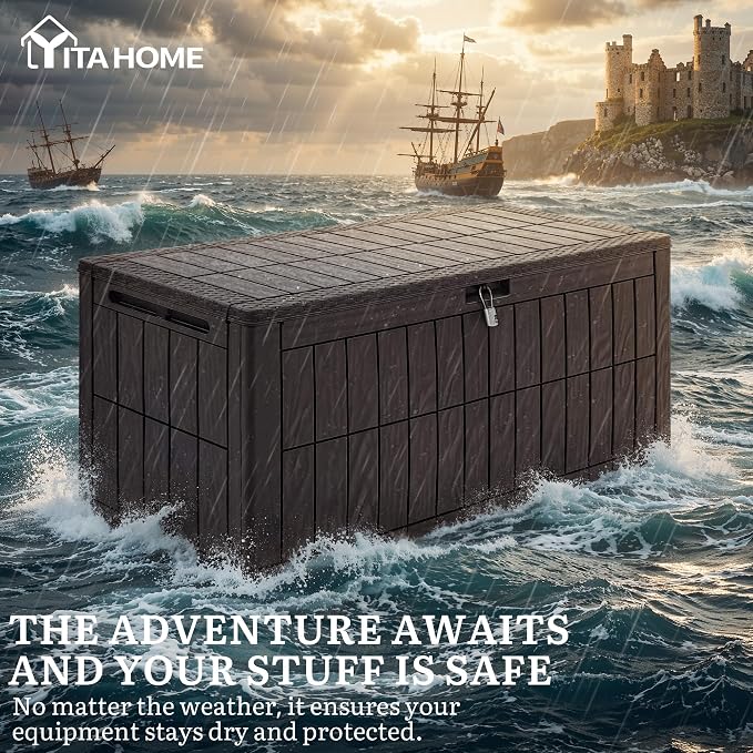 YITAHOME 110 Gallon Outdoor Deck Box | Waterproof Resin Storage Box with Lock, Lockable Patio Furniture Bin, 2-Person Bench Seating for Outdoor Cushions, Garden