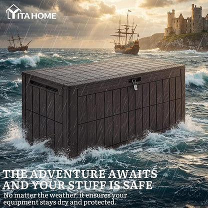YITAHOME 110 Gallon Outdoor Deck Box | Waterproof Resin Storage Box with Lock, Lockable Patio Furniture Bin, 2-Person Bench Seating for Outdoor Cushions, Garden