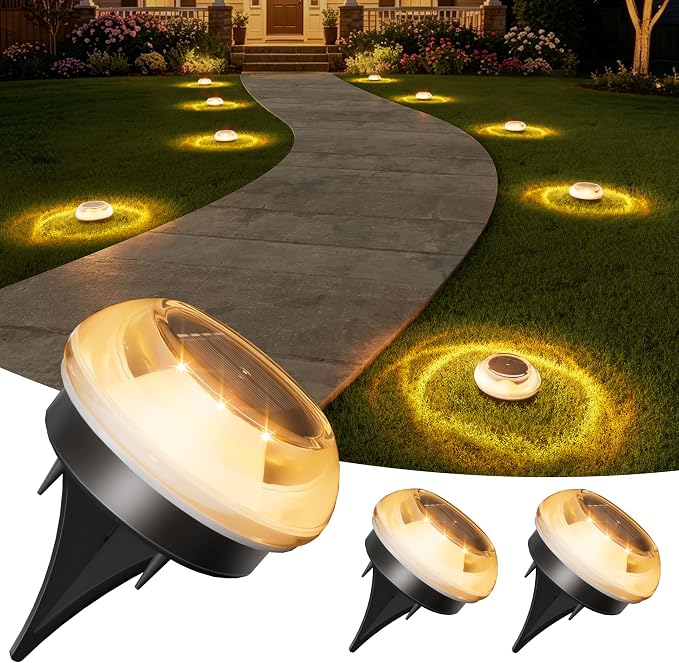 VOLISUN Mini Solar Pathway Lights Outdoor,3 Pack Flat Solar Ground Lights,IP67 Waterproof Solar Powered Disc Lights,Landscape Lighting for Garden Yard Walkway Luces Patio Driveway,Warm White