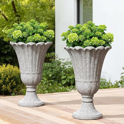 23.6" Tall Plastic Urn Planters for Outdoor Plants with Drainage Holes & Petal Design, Set of 2 Heavy-Duty Classic Indoor Large Flower Pots, Outdoor Planters for Porch/Home/Garden, Gray