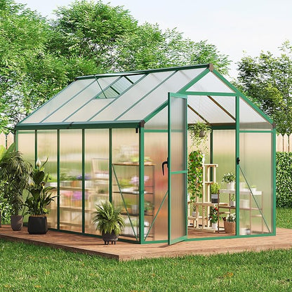 6x10 ft Walk-in Greenhouse, Polycarbonate Panels with Reinforced Aluminum Frame, Large Garden Green House for Planting and Seed Starting, Quick-Assembly Structure with Adjustable Roof Vent