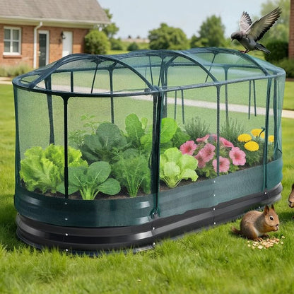 VEVOR 6x3x1FT Metal Raised Garden Bed Kit with Self Watering System and Mesh Cover, Oval Outdoor Galvanized Planter Raised Beds for Gardening Planting Flowers Fruits Vegetables