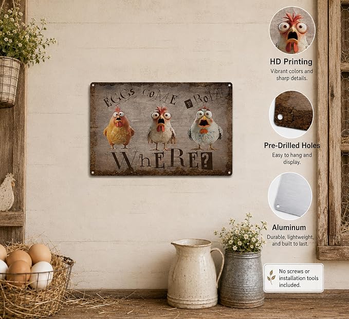 Funny Chicken Metal Sign, Rustic Farmhouse Eggs Come From Where Wall Decor, Humorous Hen Rooster Art Plaque for Chicken Coop Home Farm Kitchen Decor 8x12 Inch